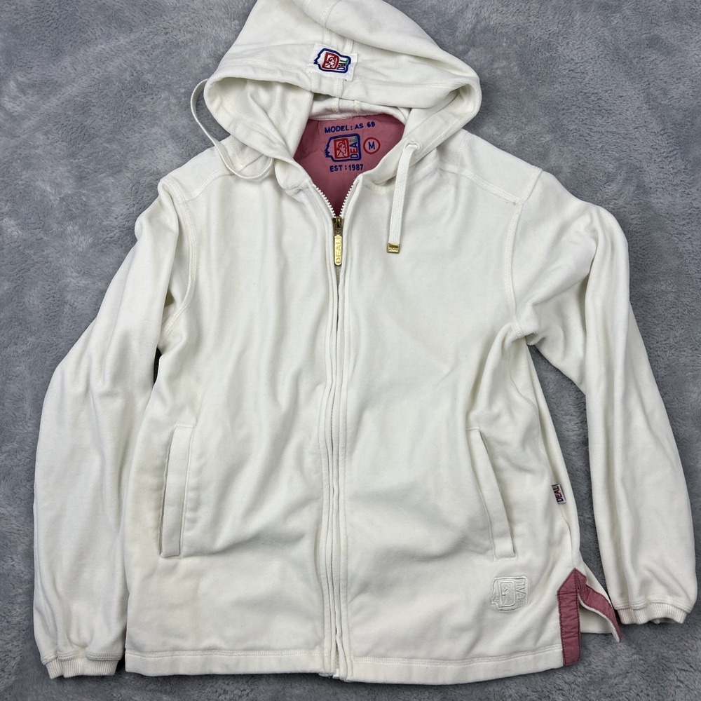 Vtg 80's Deal Hoodie Women's Medium Velour White‎ Pink Accents Logo Heavy